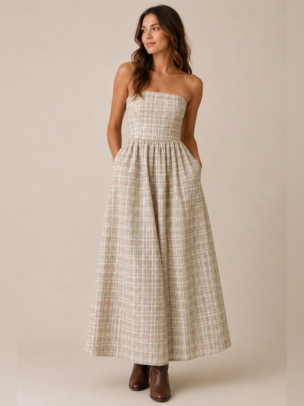 TCEC Strapless Plaid Maxi Dress Cottagecore Prairie Neutral Cotton Dress Small